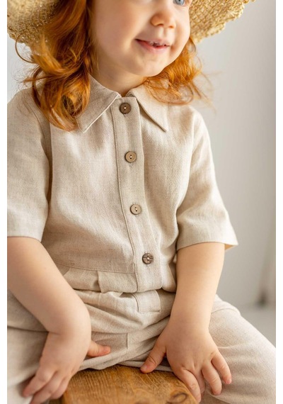 Oliven The Kid Oliventhekid Bej Naturel Keten Önden Düğmeli Beli Pileli Kısa Kol Kız Çocuk Tulum Bej Bej