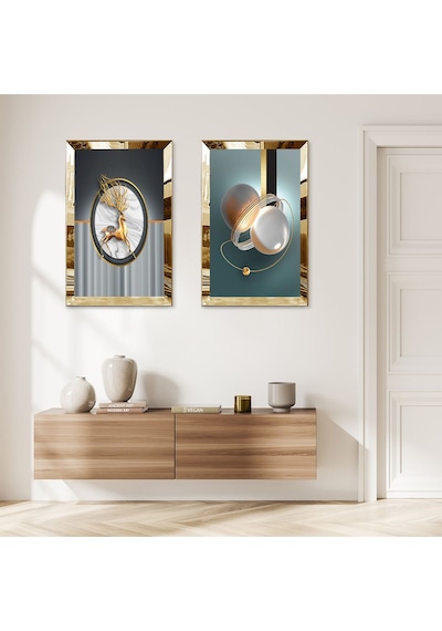 Gold Aynalı Pleksi Çerçeveli Renkli Arka Planlı Modern Geğik İkili Mdf Tablo Seti