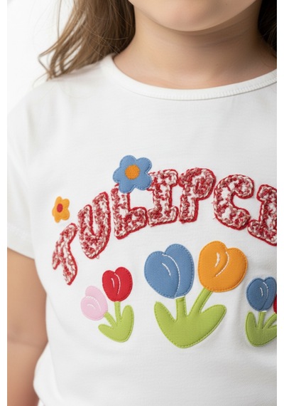 Toontoy Kids Toontoy Kız Çocuk 2'li Şortlu Takım Bisiklet Yaka Kısa Kollu Baskılı Tişört Beli Bağlamalı Baskılı Şort 25034 Ekru