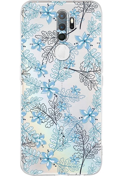 Oppo A5 2020 Uyumlu Kamera Korumalı Floral Mavi Tasarımlı Şeffaf Silikon Kılıf