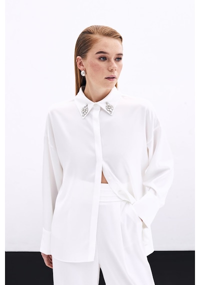 Sateen Aksesuar Detaylı Gömlek - Ekru-135824 Ekru
