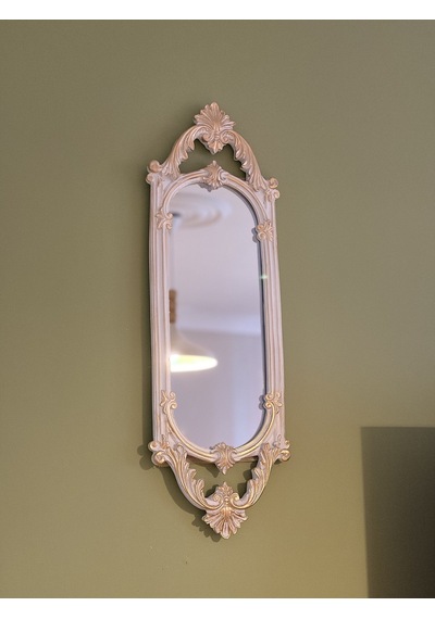 Kısa Oval Dekoratif Duvar Aynası Beyaz & Altın Yaldızlı 60x20 Cm Naturel