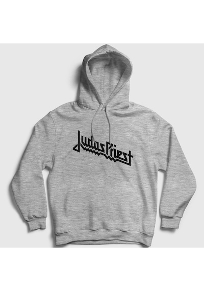 Presmono Unisex Logo Judas Priest Kapüşonlu Sweatshirt Gri Melanj