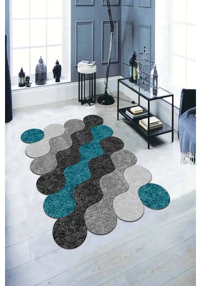 Turkuaz Daire Desenli Kaymaz Taban Lazer Kesim Halı Lz26n11