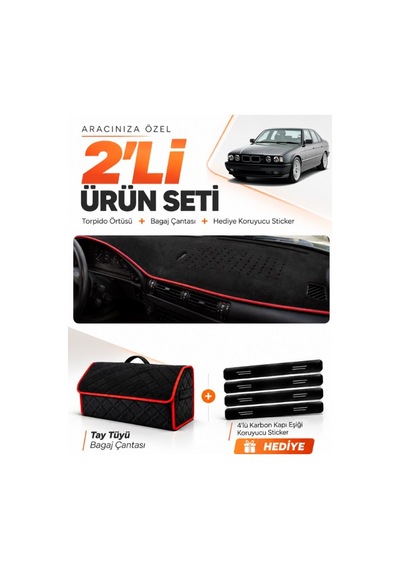 Bmw E34 1988-1996 Uyumlu Torpido Örtüsü + Tay Tüyü Bagaj Çantası + Sticker Seti - Siyah Kırmızı