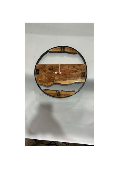 Doğal Zeytin Ağacı Duvar Saati - Siyah Metal Kasnaklı Artizan Tasarım - 38x38 Cm Dekoratif Saat Kahverengi