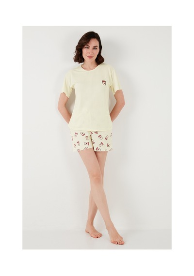 Lela Regular Fit Kısa Kollu Şortlu Bayan Pijama Takımı 65740103 Bej-Pembe