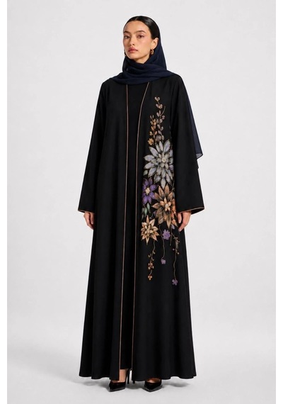 Nazzain Siyah Gold Nakış Detaylı Abaya Çok Renkli