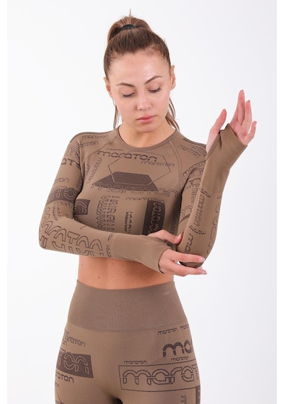 Maraton Active Slimfit Kadın Bisiklet Yaka Uzun Kol Koşu Kakao Crop Top 816025 Kahverengi