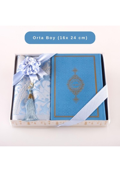 Kuran + Seccade + Tesbih Hediye Seti Orta Boy, Termo Deri, Desenli Kutu, Açık Mavi