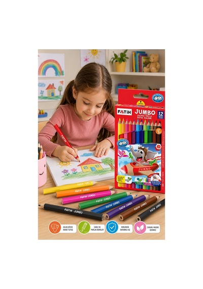 12 Li Jumbo Kuru Boya Kalemi 1 Paket Fatih Kalın 12 Renk Jumbo Kuruboya Tam Boy Renkli Kalem Karton Kutu Kolay Tutuş Çok Renkli