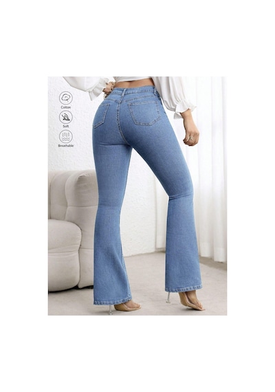 Kene Jeans Yüksek Bel Mavi Tam Kalıp Flare/ispanyol Paça Likralı Jeans Mavi
