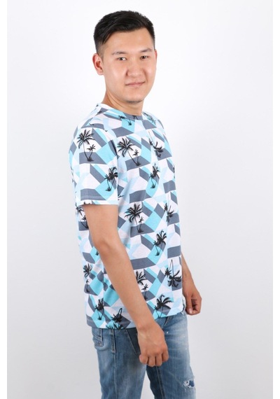 Rich Erkek Bisiklet Yaka Baskılı T-shirt %100 Pamuk Tişört Mavi