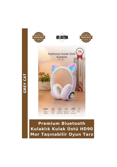 Premium Bluetooth Kulaklık Kulak Üstü Hd90 Mor Taşınabilir Oyun Tarz