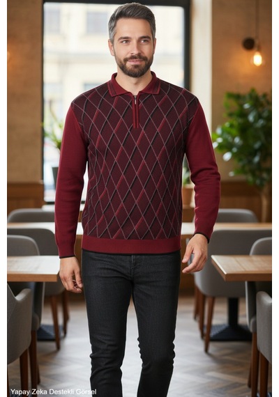 Kamalı Erkek Bordo Tüylenme Yapmayan Anti Pilling Kumaş Standart Fit Normal Kesim Polo Yaka Triko Kazak
