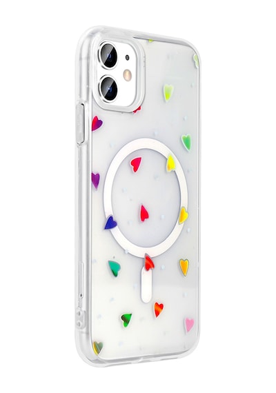 Techaks Apple Uyumlu iPhone 11 Kılıf M-safe Şarj Özellikli Şeffaf Zore Folk Sert Kapak - Kalp Beyaz