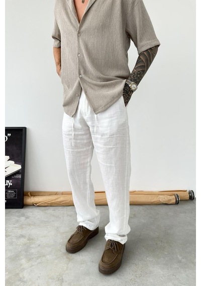 Beyaz Basic Baggy Keten Pantolon