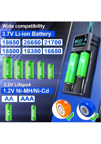 I-gen Lıı-400 Akıllı Li-ıon Pil Şarj Cihazı, Type-c Girişli, Lcd Ekranlı, 2 Slot Şarj, Li-ıon & Ni-mh Uyumlu 18650 / 21700 / Aa / Aaa