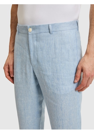 Cacharel Açık Mavi Slim Fit Beli Lastikli %100 Keten Pantolon Denim