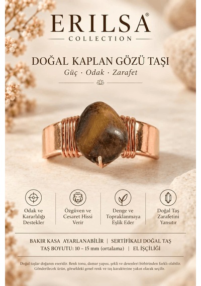 Sertifikalı Doğal Kaplan Gözü Taşı Yüzük Bakır Kasa Ayarlanabilir Çok renkli