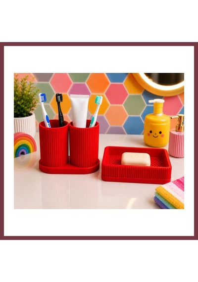 Storeşahin 3d Baskı Diş Fırçalık Ve Sabunluk Seti - Lavabo Üstü Banyo Organizeri-kırmızı Shn0720