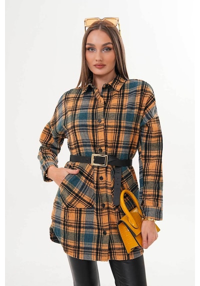 Polologin Butik Kadın Hardal Sarısı Kanguru Cepli Spor Kesim Gömlek Sarı