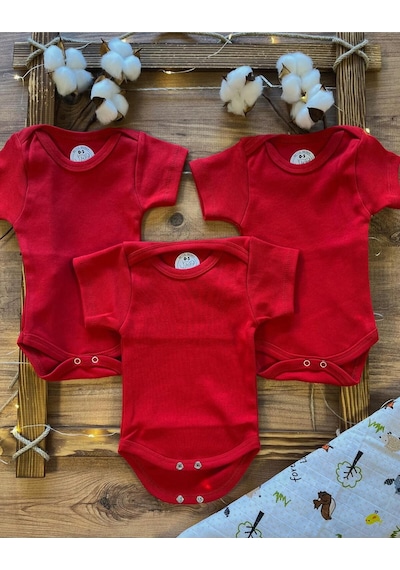 Betül Bebek Kısa Kollu 3'lü %100 Organik Pamuk Çıtçıtlı Bebek Body & Zıbın 3adet Kırmızı
