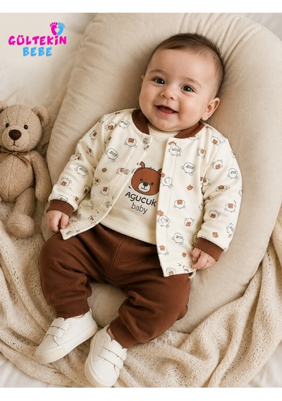 Agucuk Baby Kulaklı Ayılı Ceketli 3 Lü Erkek Takım 3-12 Aylık -ba464395270 - Kahverengi