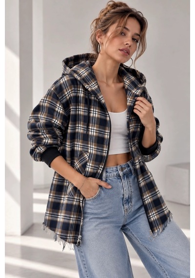 Bb Butik Basic Kapüşonlu Fermuarlı Oversize Ekose Oduncu Gömlek Ceket Kadın Rahat Mevsimlik Günlük Tr0935 Lacivert
