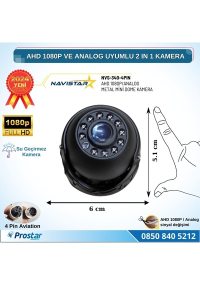Ahd 1080p Ve Analog Cvbs Pal Dönüştürülebilir Gece Görüşlü 4 Pin Mini Metal Dome Araç Kamerası