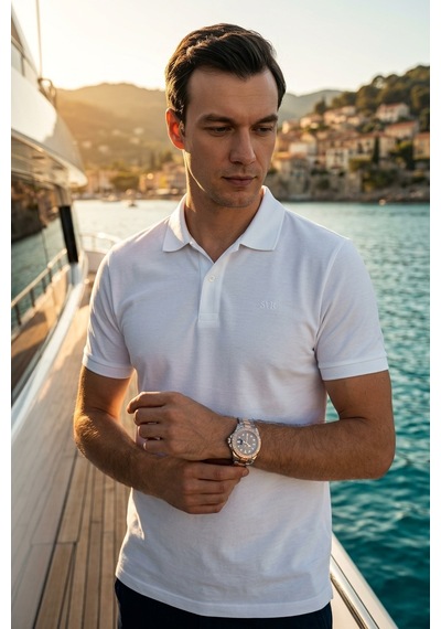 Süvari Slim Fit Düz Baskısız Pike Düğmeli Polo Yaka Nefes Alabilen T-shirt Beyaz