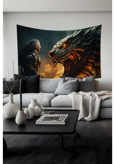 Ejderha Ve Savaşçı Desenli Duvar Halısı Duvar Örtüsü Tapestry Süet Dokulu Kumaş