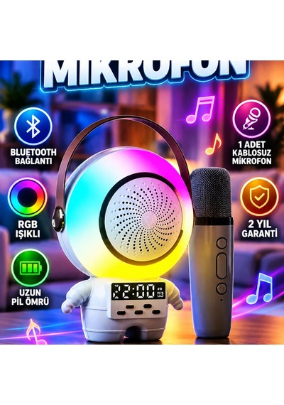 Astronot Bluetooth Karaoke Hoparlörü 1 Kablosuz Mikrofonlu, Rgb Işıklı Taşınabilir Speaker Seti