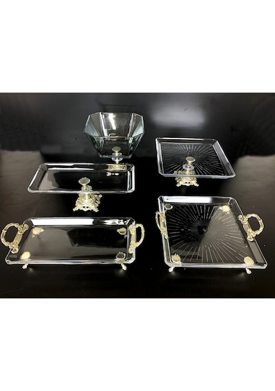 Alfafe Home 5 Parça Gümüş Döküm Ayaklı Sunumluk Set Pasta Kurabiye Tatlı Servis Tabağı Gümüş
