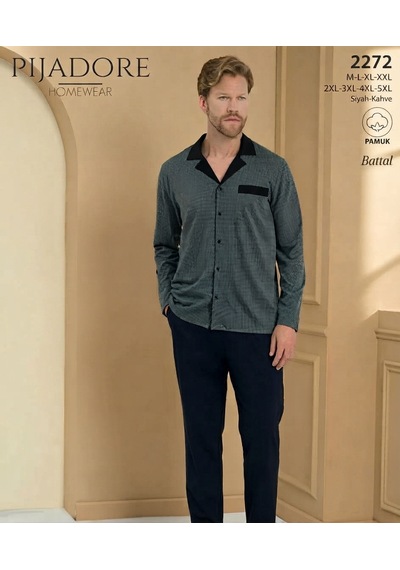 Pijadore Erkek %100 Pamuklu Önden Düğmeli Uzun Kollu Pijama Takımı 2272 Gri