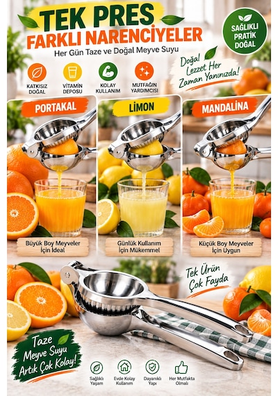Büyük Boy Döküm Metal Narenciye Sıkacağı Portakal Limon Manuel Meyve Suyu Presi 23 Cm Çelik Renk Tip Gümüş