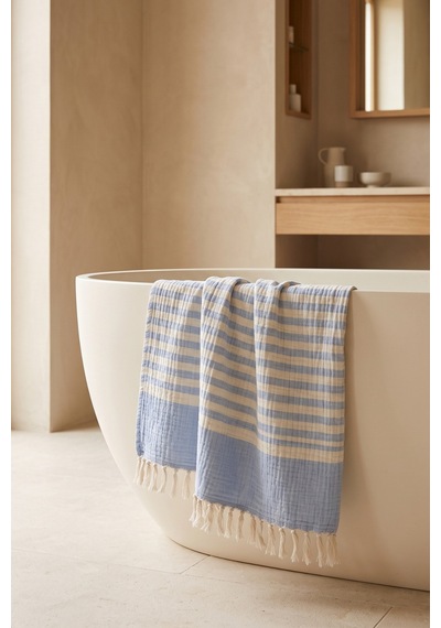 2 Kat Müslin Peştemal 100x170 Cm %100 Pamuk Çizgili Püsküllü Plaj Banyo Ve Hamam Peştemali Bebe Mavisi