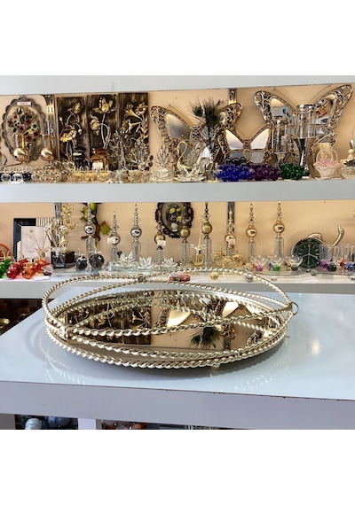 Gold Dekoratif Tasarım Burgulu Aynalı Sunumluk Tepsi Gümüş