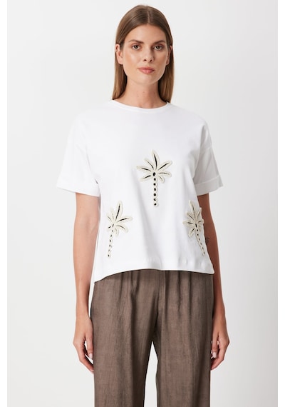 On Kadın Desenli Sıfır Yaka T-shirt 71362 Beyaz Beyaz