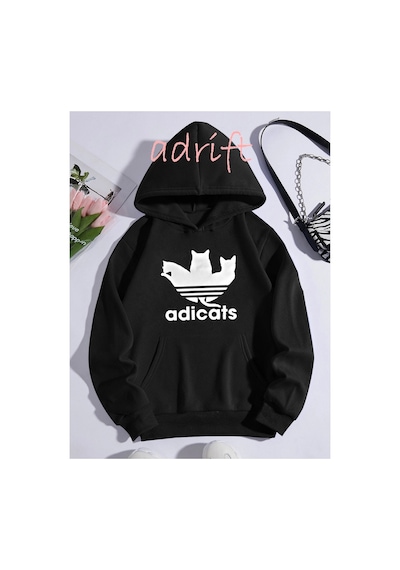 Tarzsokak Unisex Oversize Kapüşonlu Kanguru Cepli Adicats Baskılı Siyah