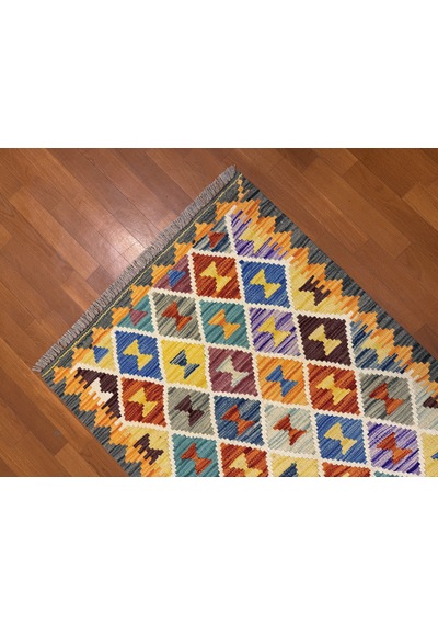 El Dokuma Afgan Kilim 100% Yün Harıka Desenlı Yolluk Çok Renkli