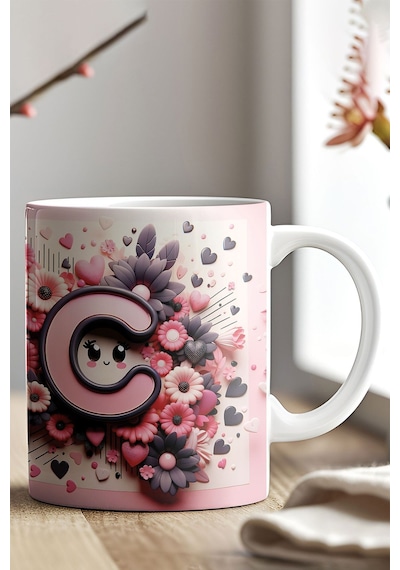 Renkli Çiçekli C Harfi Baskılı 3d Görünümlü Tasarım Mug Kupa Bardak Pembe