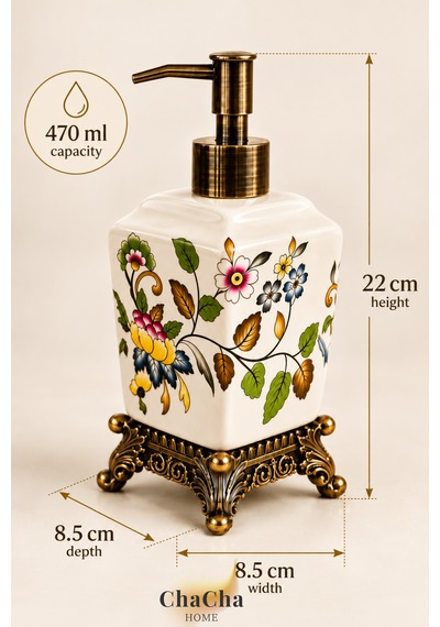 Chacha Home Aurelia Seramik Sıvı Sabunluk 470 Ml Antik Bronz Görünümlü Ayaklı Ve Pompalı 22 Cm Çok Renkli