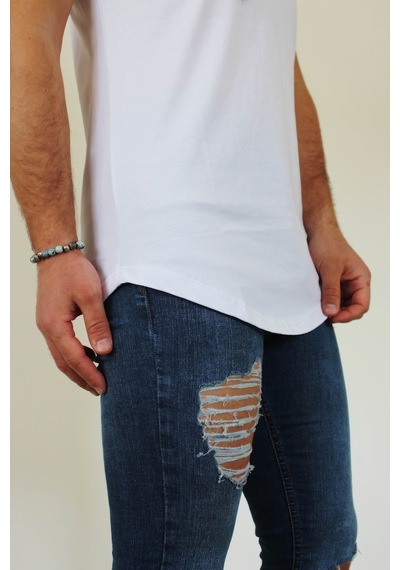 Boldy Erkek Long Fit Tişört Long Tişört Long Kesim Tişört-Beyaz