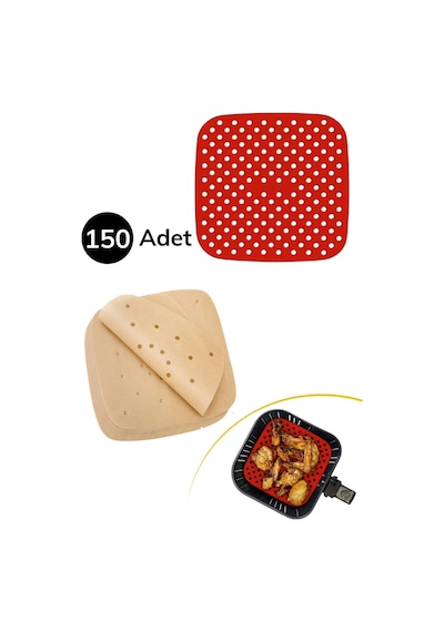 150 Adet Kare Model Pişirme Kağıdı Ve Silikon Airfryer Matı 21,5 Cm Plastik Beyaz Diğer