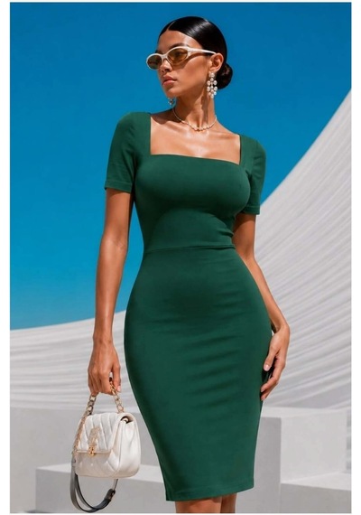 DefyModa Kadın Şık Model Krep Kumaş Kare Yaka Mini Abiye Elbise Zümrüt