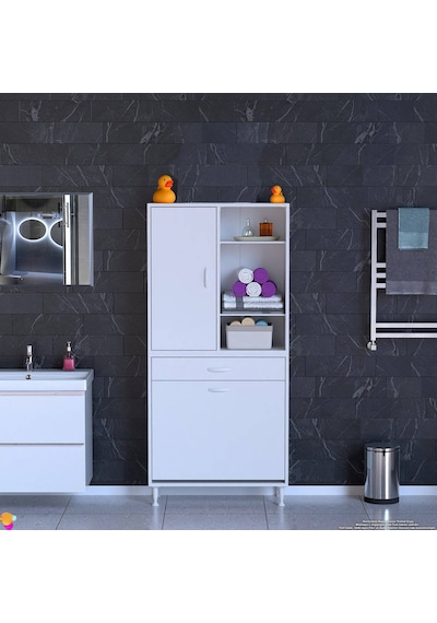 Modilayn Afra 80x173x32,5cm 1 Çekmece, 2 Göz Sepet, 1 Kapak, 6 Raf Dar Alan Banyo Dolabı Beyaz Modilayn Afra 80x173x32,5cm 1 Çekmece, 2 Göz Sepet, 1 Kapak, 6 Raf Dar Alan Banyo Dolabı Beyaz