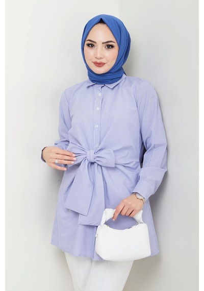 Çizgili Poplin Bağlamalı Gömlek - Mavi / Ü103 Mavi