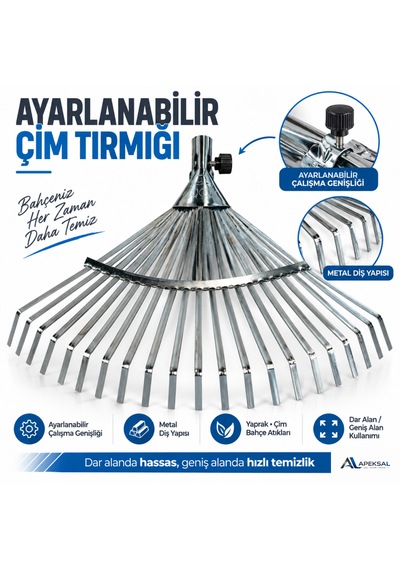 Ayarlanabilir Metal Çim Yaprak Toplama Tırmığı 22 Diş 30-45 Cm Yelpaze Bahçe Tırmığı
