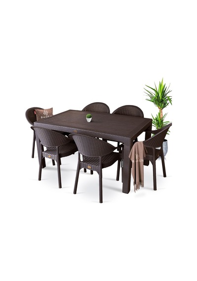 Bambu Pro 90x150cm Rattan Bahçe Balkon Masa Takımı 6 Kişilik Camsız Set Kahverengi